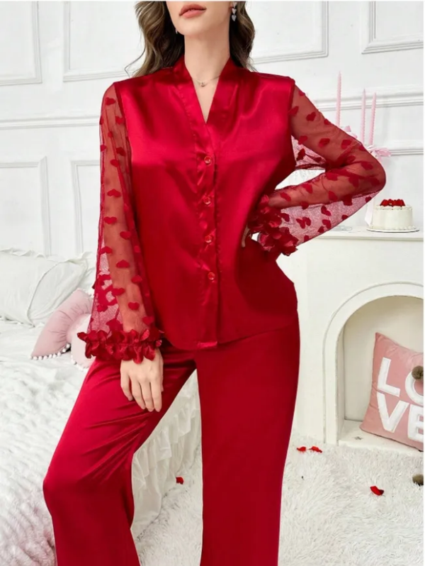 Elegant Satin Pajama Set for Women – Heart Print, Semi-Transparent Sleeves, Cardigan & Long Pants