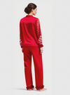 Elegant Satin Pajama Set for Women – Heart Print, Semi-Transparent Sleeves, Cardigan & Long Pants