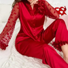 Elegant Satin Pajama Set for Women – Heart Print, Semi-Transparent Sleeves, Cardigan & Long Pants