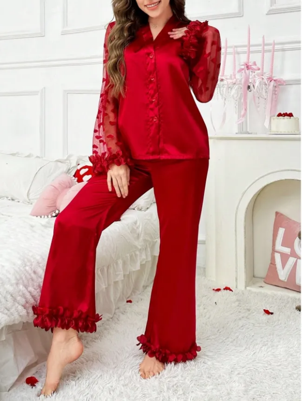 Elegant Satin Pajama Set for Women – Heart Print, Semi-Transparent Sleeves, Cardigan & Long Pants