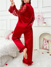 Elegant Satin Pajama Set for Women – Heart Print, Semi-Transparent Sleeves, Cardigan & Long Pants