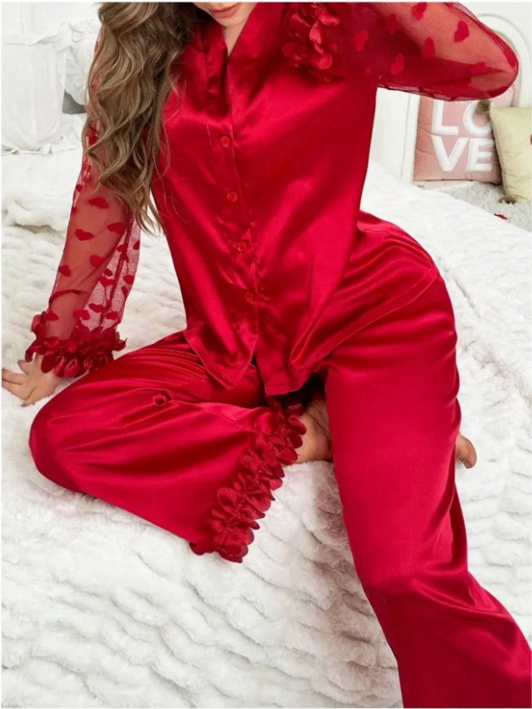 Elegant Satin Pajama Set for Women – Heart Print, Semi-Transparent Sleeves, Cardigan & Long Pants