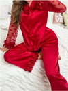 Elegant Satin Pajama Set for Women – Heart Print, Semi-Transparent Sleeves, Cardigan & Long Pants