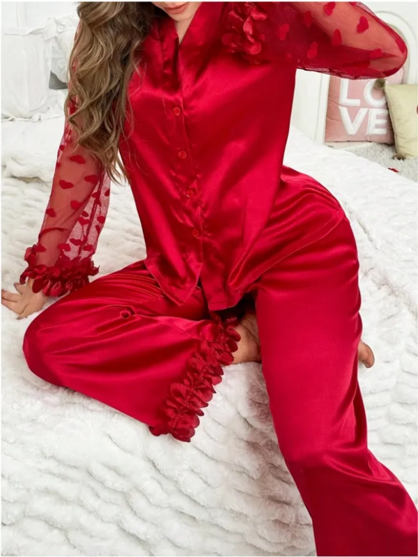 Elegant Satin Pajama Set for Women – Heart Print, Semi-Transparent Sleeves, Cardigan & Long Pants