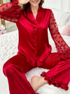 Elegant Satin Pajama Set for Women – Heart Print, Semi-Transparent Sleeves, Cardigan & Long Pants