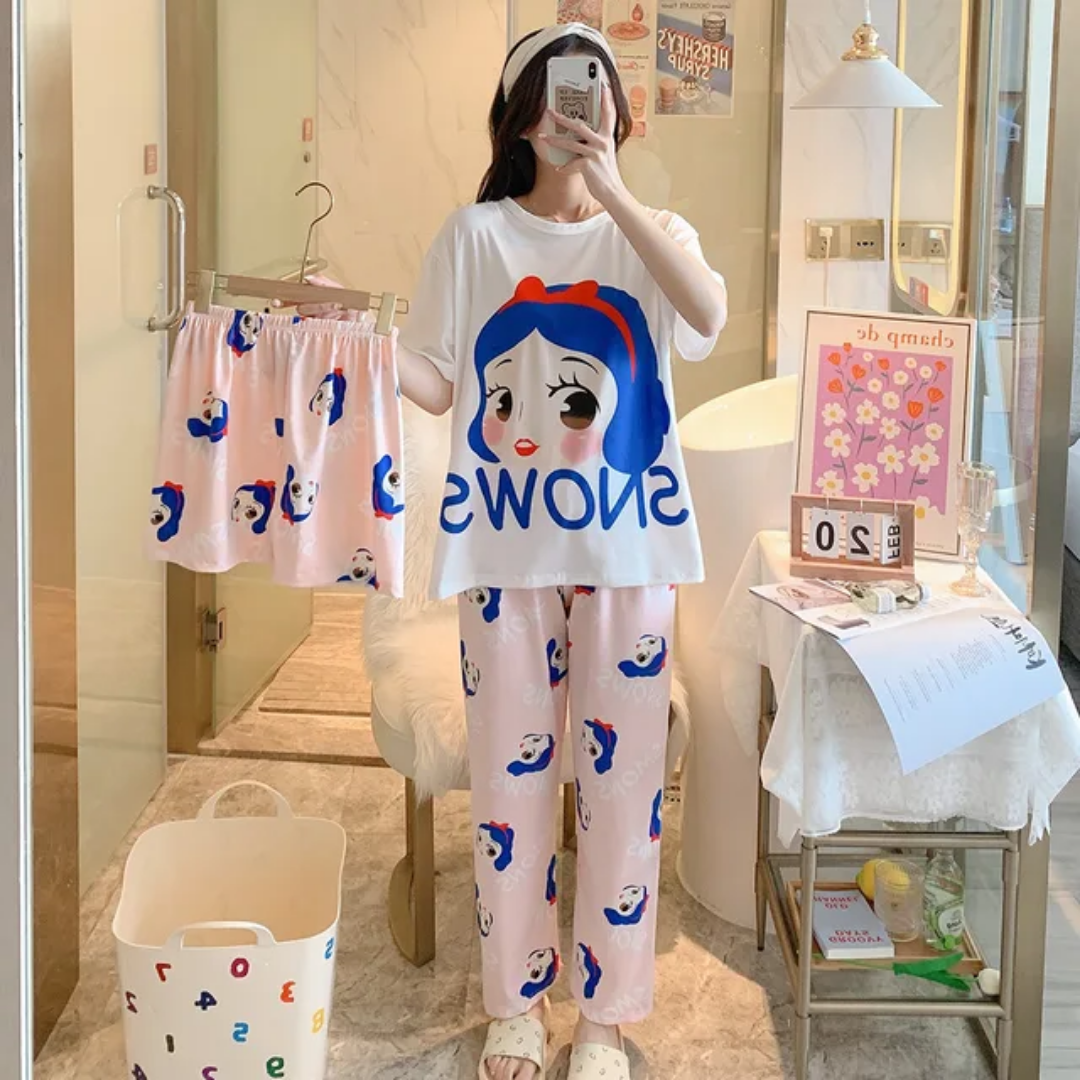 Summer Women's Cartoon Sleepwear Set – 3-Piece Lightweight Home-wear Pajama Set