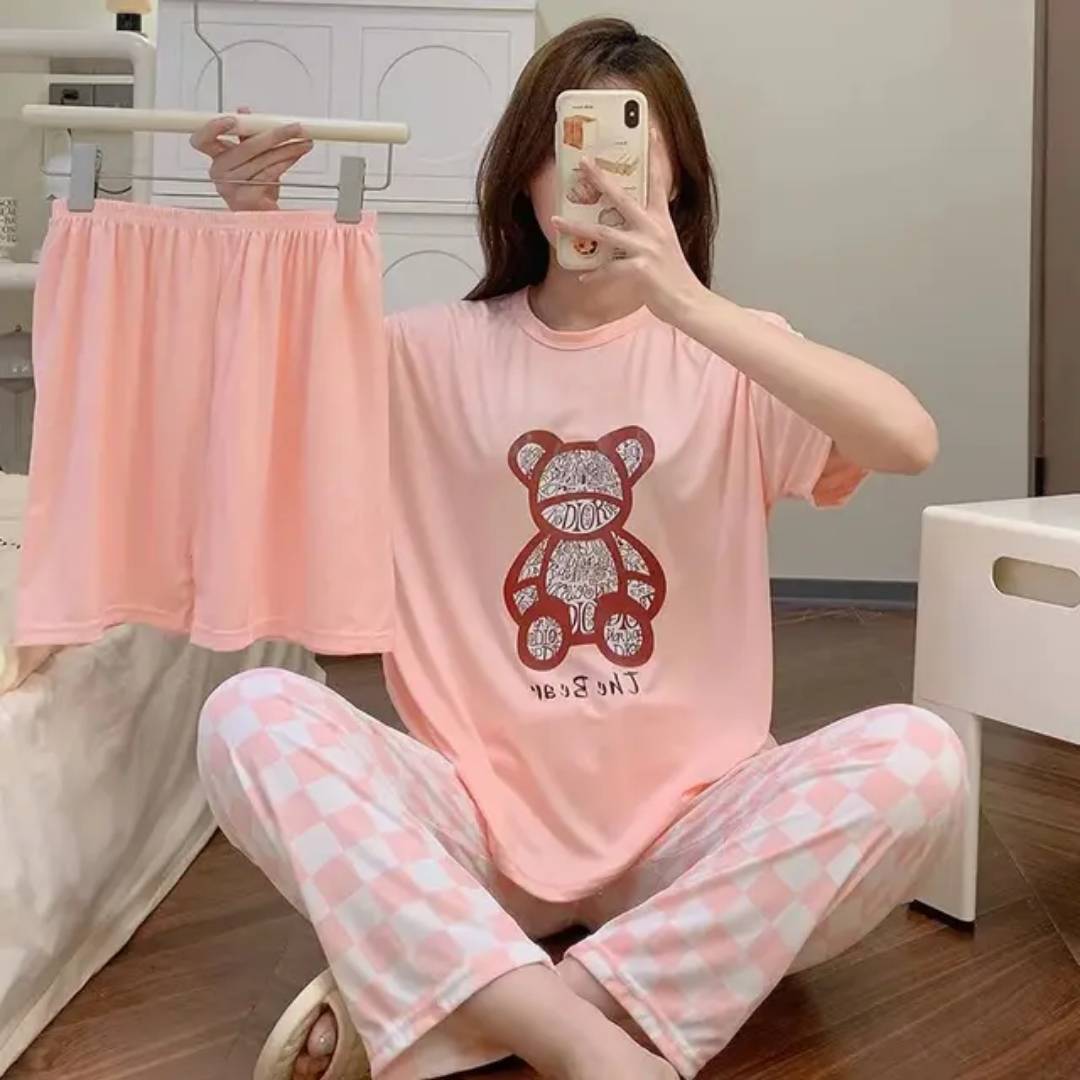 Summer Women's Cartoon Sleepwear Set – 3-Piece Lightweight Home-wear Pajama Set