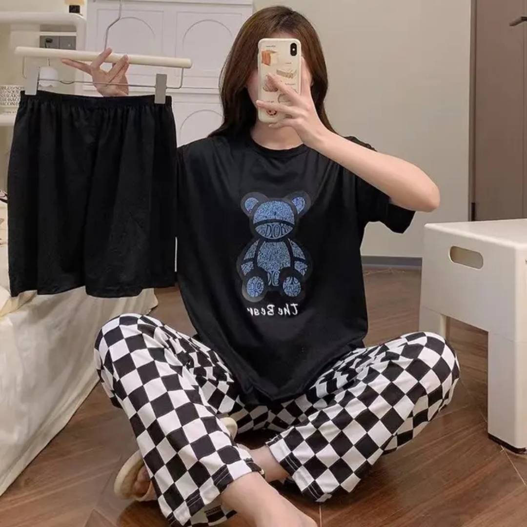Summer Women's Cartoon Sleepwear Set – 3-Piece Lightweight Home-wear Pajama Set