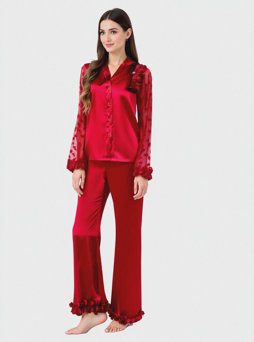Elegant Satin Pajama Set for Women – Heart Print, Semi-Transparent Sleeves, Cardigan & Long Pants